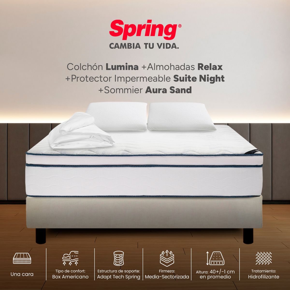 COLCHONES SPRING - Colchón Spring Doble Con Base Cama Firmeza Media Ortopédico Resortado Lumina 140 x 190 cm + 2 Almohadas + Protector