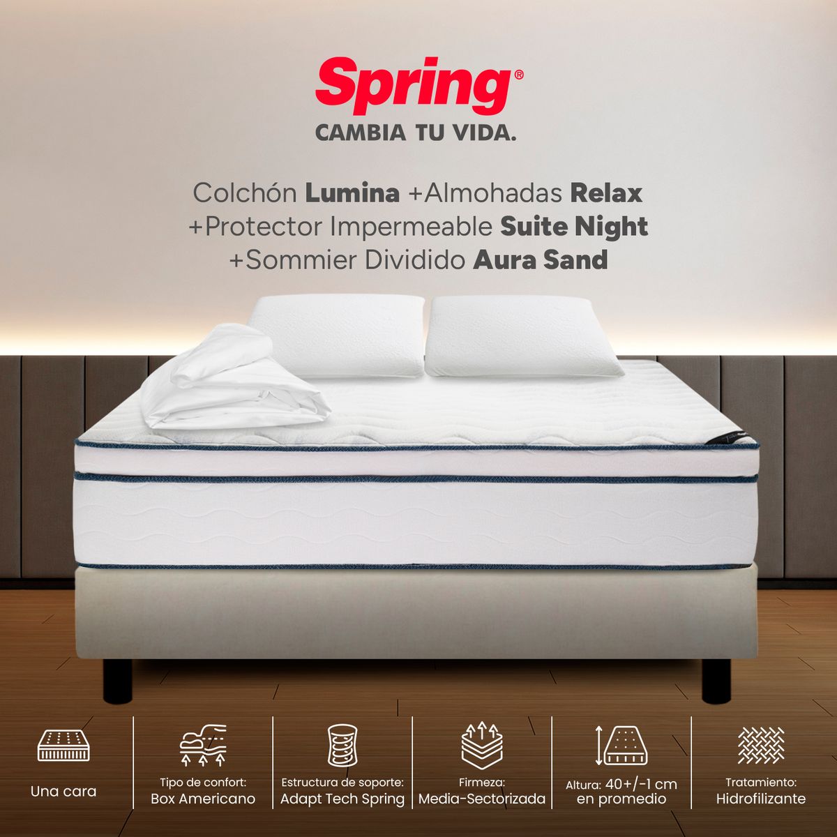 COLCHONES SPRING - Colchón Spring Doble Con Base Cama Firmeza Media Ortopédico Resortado Lumina 140 x 190 cm + 2 Almohadas + Protector