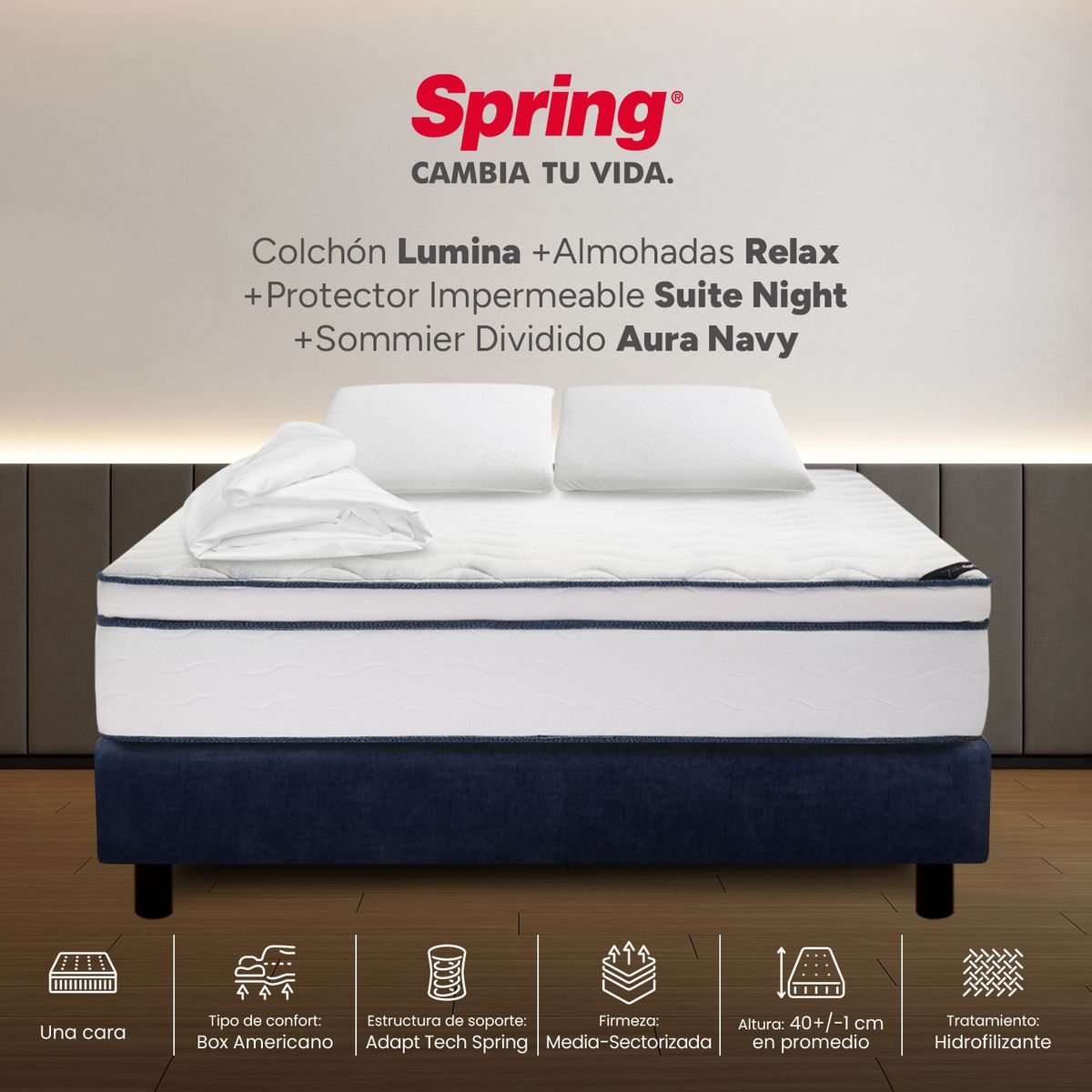 COLCHONES SPRING - Colchón Spring Doble Con Base Cama Firmeza Media Ortopédico Resortado Lumina 140 x 190 cm + 2 Almohadas + Protector