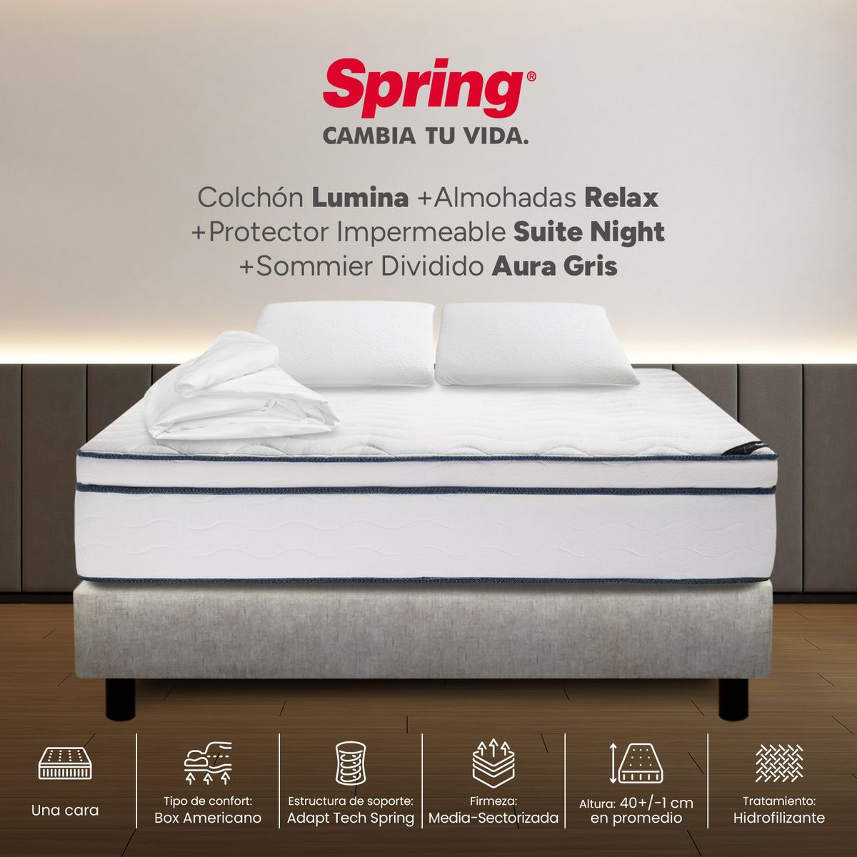 COLCHONES SPRING - Colchón Spring Semidoble Con Base Cama Firmeza Media Ortopédico Resortado Lumina 120 x 190 cm + Almohada + Protector
