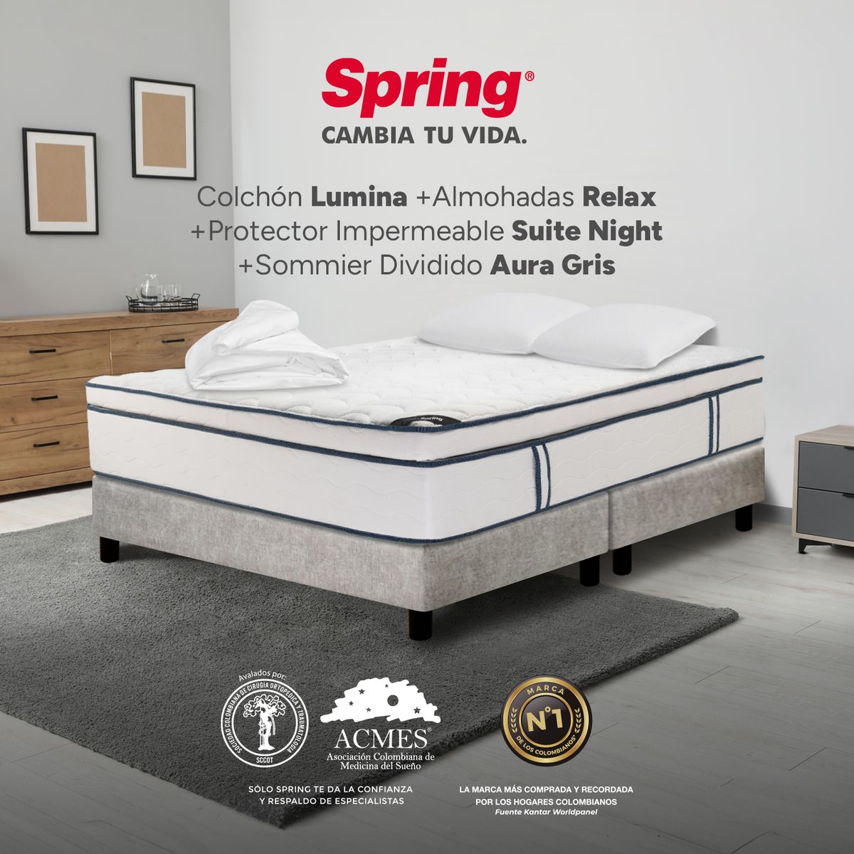 COLCHONES SPRING - Colchón Spring Queen Con Base Cama Firmeza Media Ortopédico Resortado Lumina 160 x 190 cm + 2 Almohadas + Protector