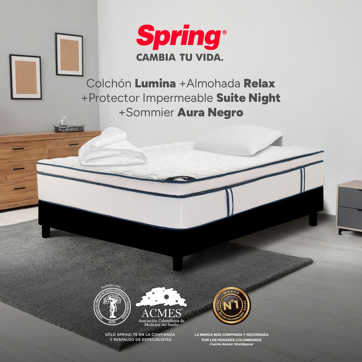 COLCHONES SPRING - Colchón Spring Sencillo Con Base Cama Firmeza Media Ortopédico Resortado Lumina 100 x 190 cm + Almohada + Protector
