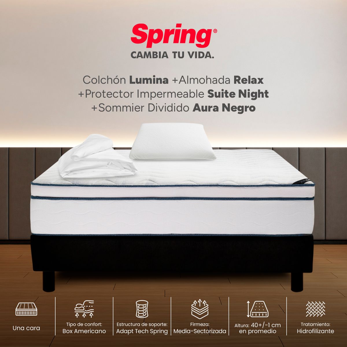 COLCHONES SPRING - Colchón Spring Semidoble Con Base Cama Firmeza Media Ortopédico Resortado Lumina 120 x 190 cm + Almohada + Protector