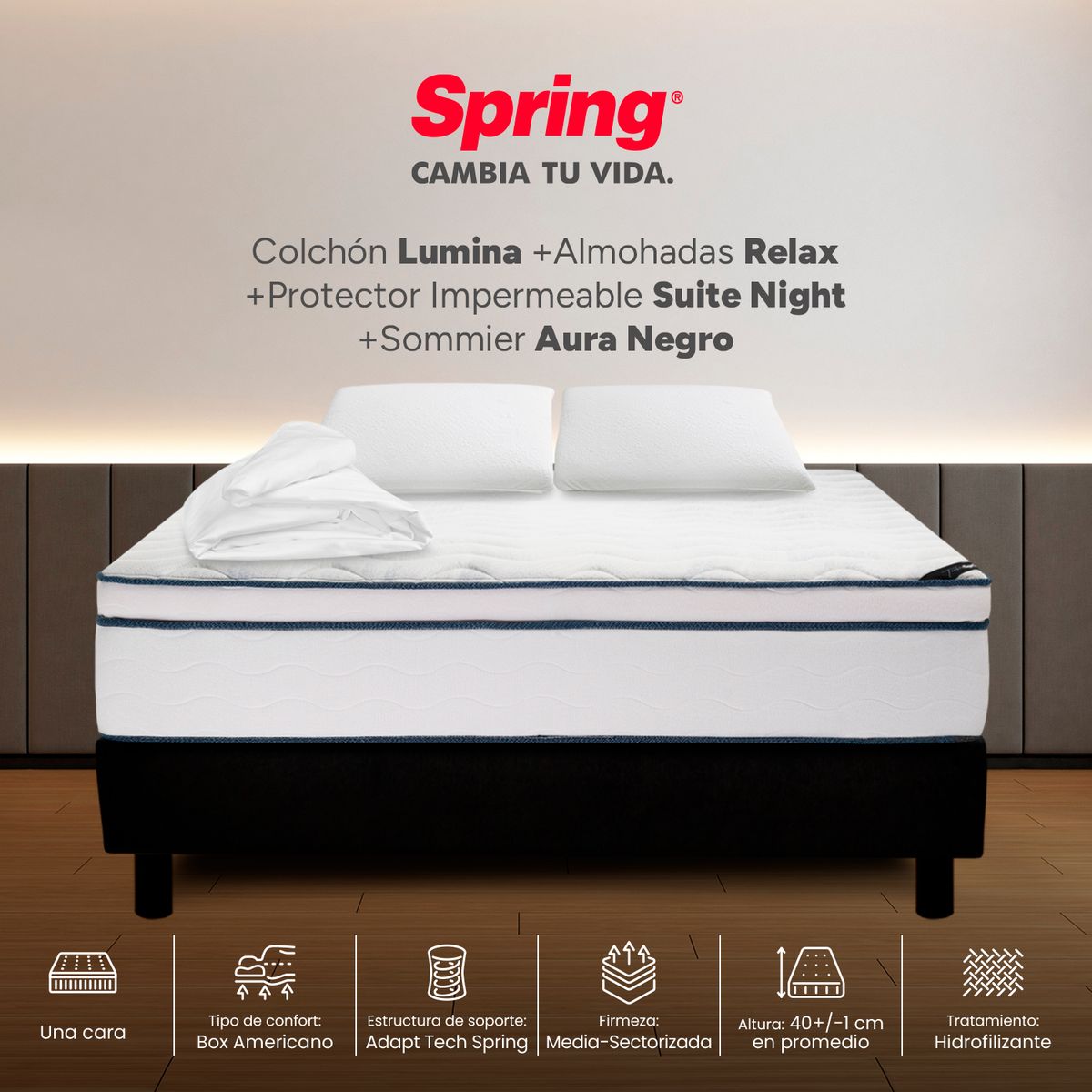 COLCHONES SPRING - Colchón Spring Doble Con Base Cama Firmeza Media Ortopédico Resortado Lumina 140 x 190 cm + 2 Almohadas + Protector