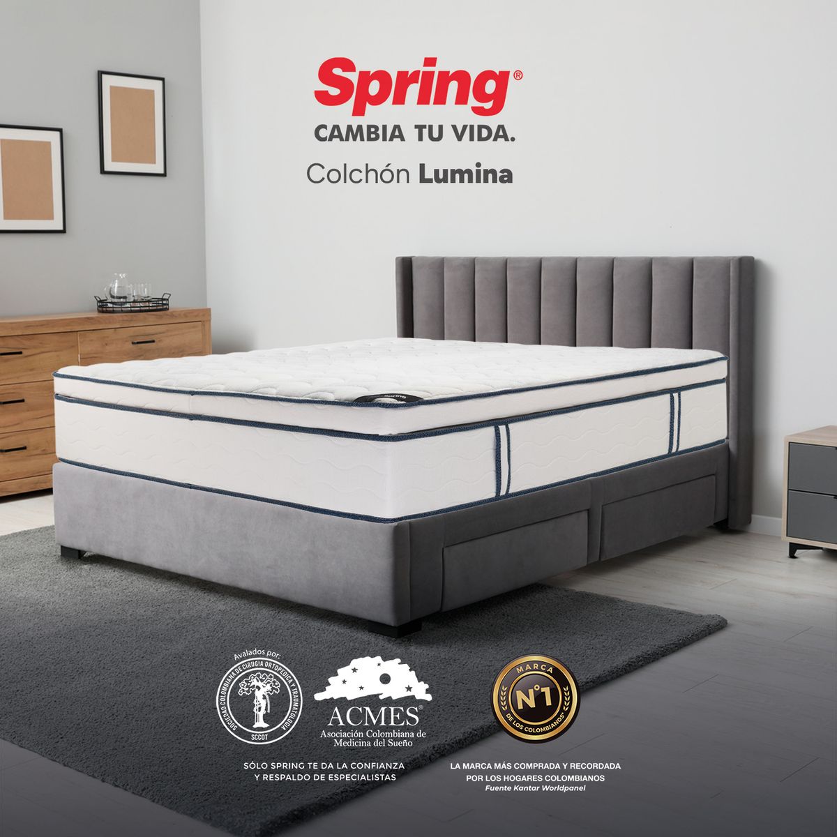 COLCHONES SPRING - Colchón Spring Sencillo Firmeza Media Ortopédico Resortado Lumina 100 x 190 cm