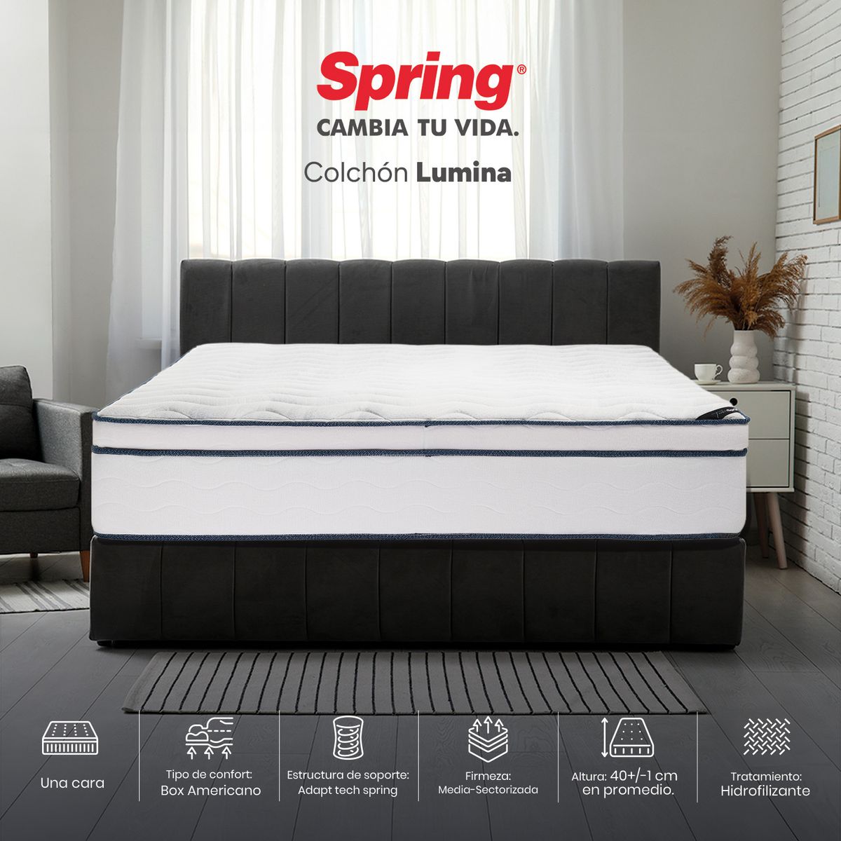 COLCHONES SPRING - Colchón Spring King Firmeza Media Ortopédico Resortado Lumina 200 x 200 cm