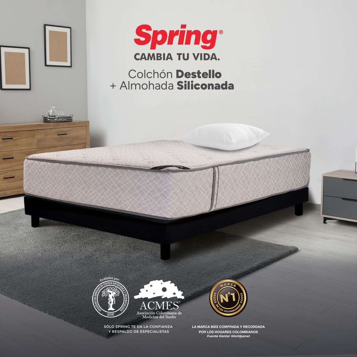 COLCHONES SPRING - Colchón Spring Sencillo Firme Ortopédico Resortado Destello 100 x 190 cm + Almohada