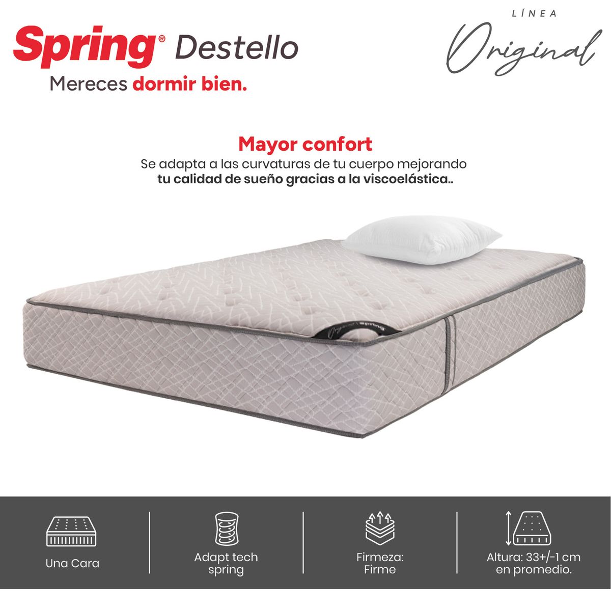 COLCHONES SPRING - Colchón Spring Sencillo Firme Ortopédico Resortado Destello 100 x 190 cm + Almohada