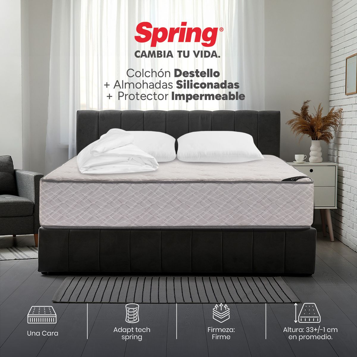 COLCHONES SPRING - Colchón Spring Sencillo Firme Ortopédico Resortado Destello 100 x 190 cm + Almohada + Protector