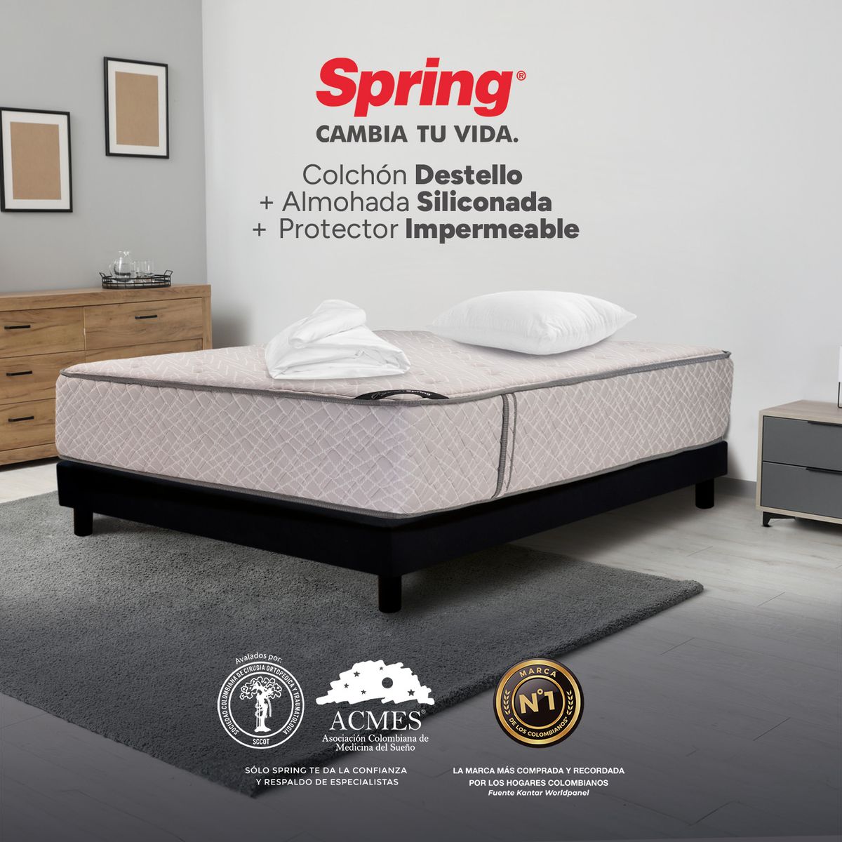 COLCHONES SPRING - Colchón Spring Sencillo Firme Ortopédico Resortado Destello 100 x 190 cm + Almohada + Protector
