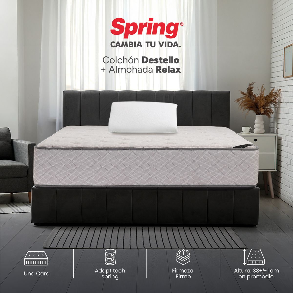 COLCHONES SPRING - Colchón Spring Sencillo Firme Ortopédico Resortado Destello 100 x 190 cm + Almohada