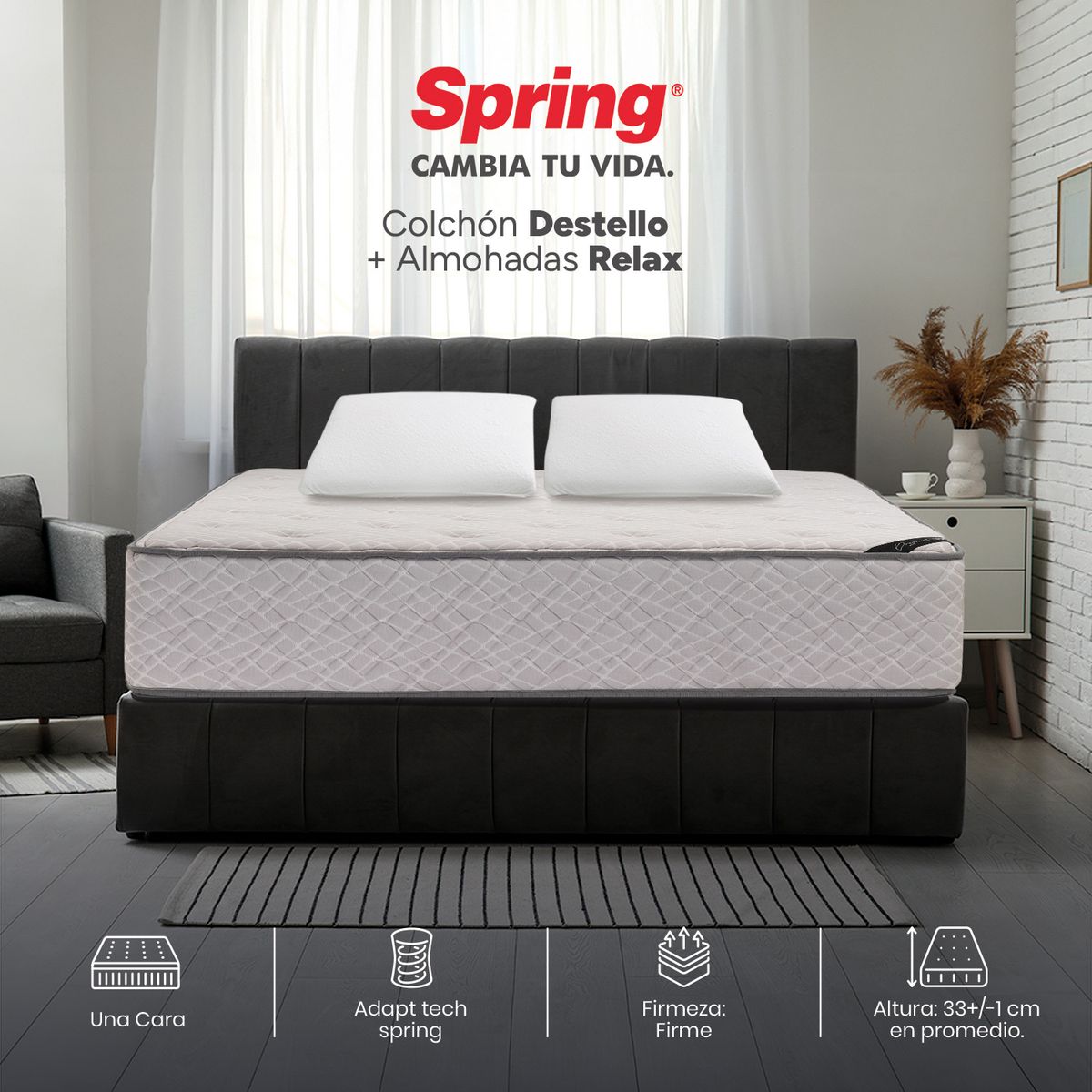 COLCHONES SPRING - Colchón Spring Doble Firme Ortopédico Resortado Destello 140 x 190 cm + 2 Almohadas