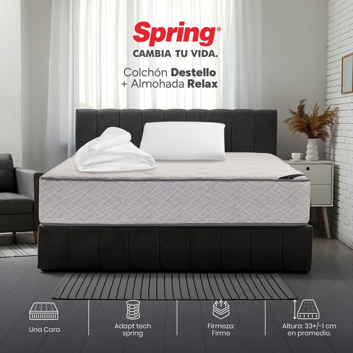 COLCHONES SPRING - Colchón Spring Sencillo Firme Ortopédico Resortado Destello 100 x 190 cm + Almohada + Protector