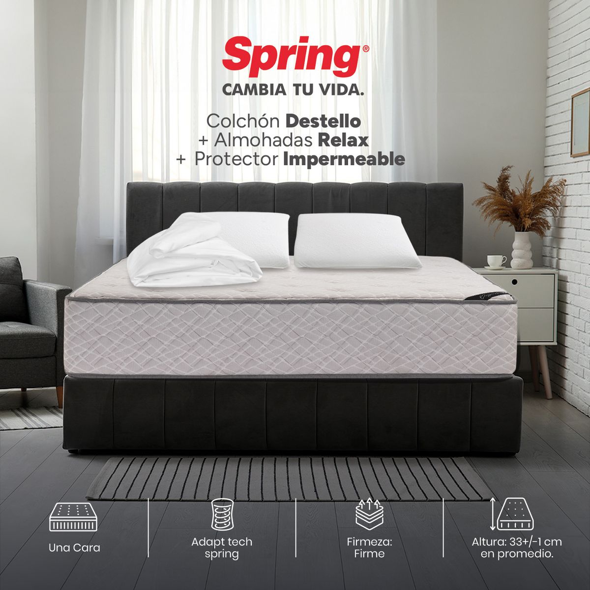 COLCHONES SPRING - Colchón Spring Doble Firme Ortopédico Resortado Destello 140 x 190 cm + 2 Almohadas + Protector