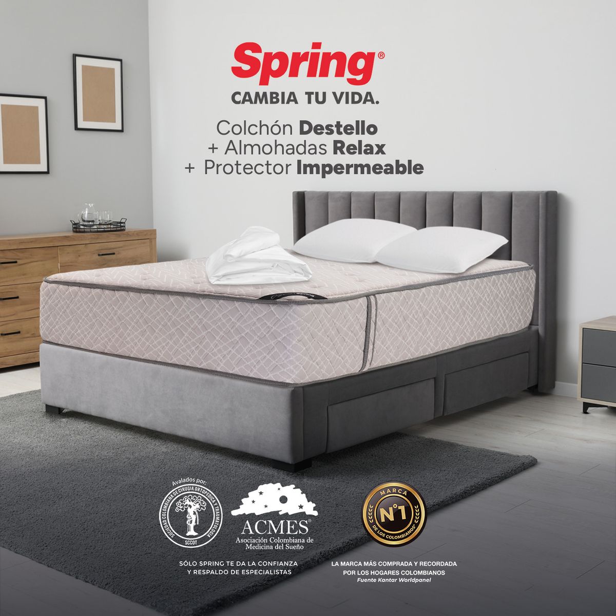 COLCHONES SPRING - Colchón Spring King Firme Ortopédico Resortado Destello 200 x 200 cm + 2 Almohadas + Protector