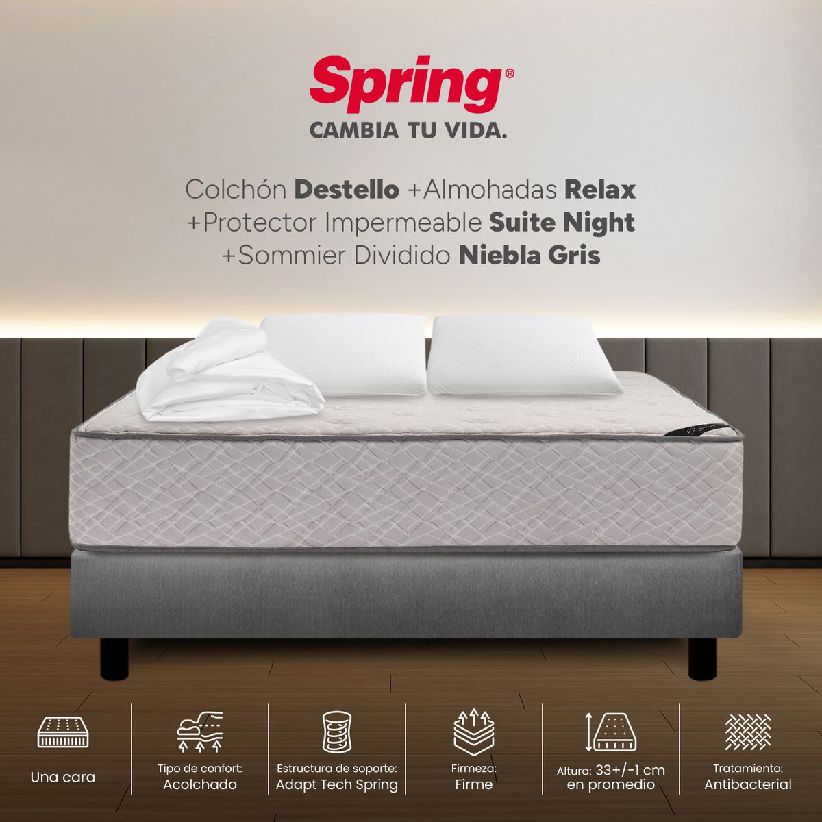 COLCHONES SPRING - Colchón Spring King Con Base Cama Firme Ortopédico Resortado Destello 200 x 200 cm + 2 Almohadas + Protector