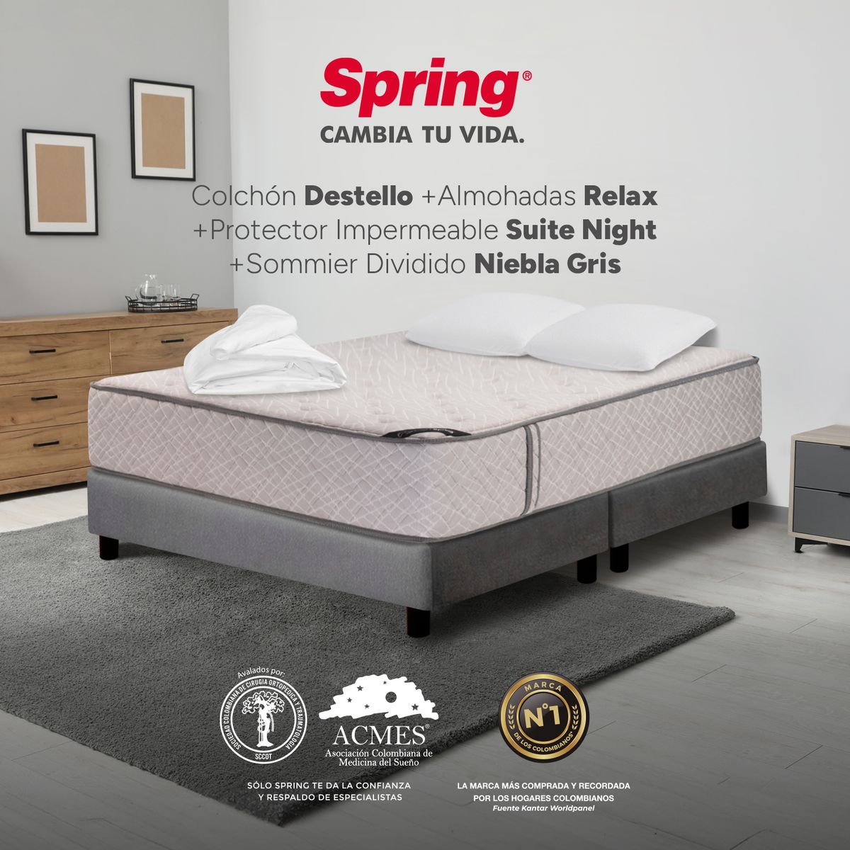 COLCHONES SPRING - Colchón Spring King Con Base Cama Firme Ortopédico Resortado Destello 200 x 200 cm + 2 Almohadas + Protector