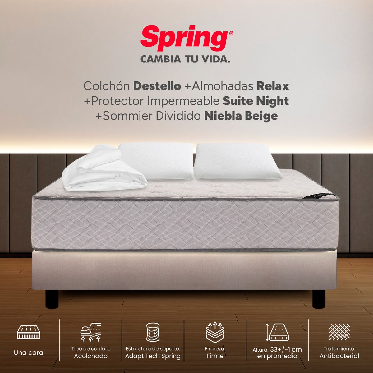 COLCHONES SPRING - Colchón Spring Doble Con Base Cama Firme Ortopédico Resortado Destello 140 x 190 cm + 2 Almohadas + Protector