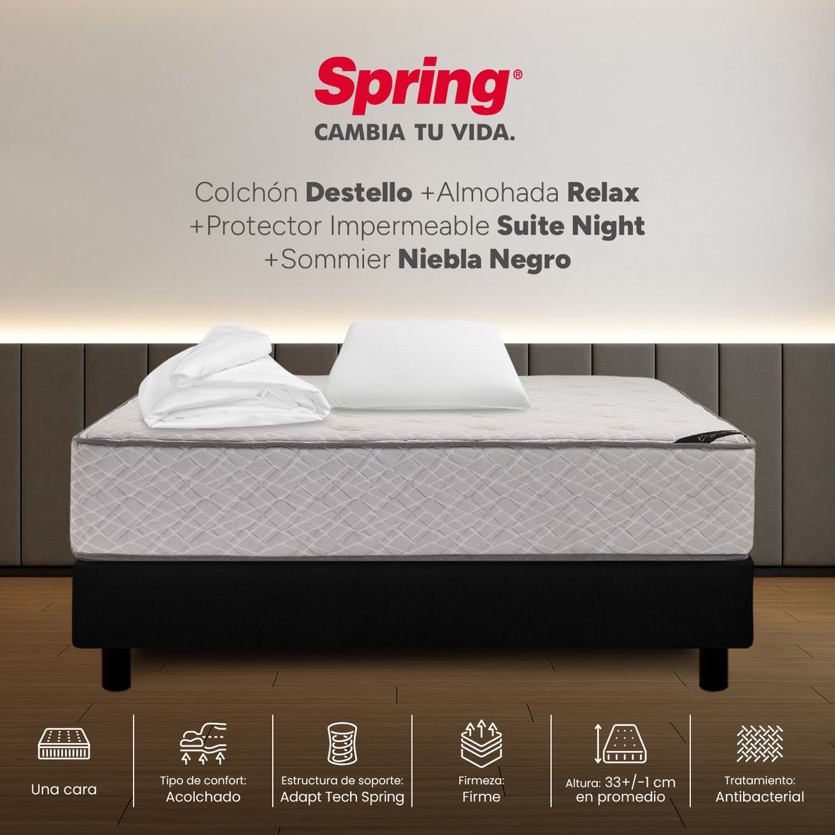 COLCHONES SPRING - Colchón Spring Sencillo Con Base Cama Firme Ortopédico Resortado Destello 100 x 190 cm + Almohada + Protector