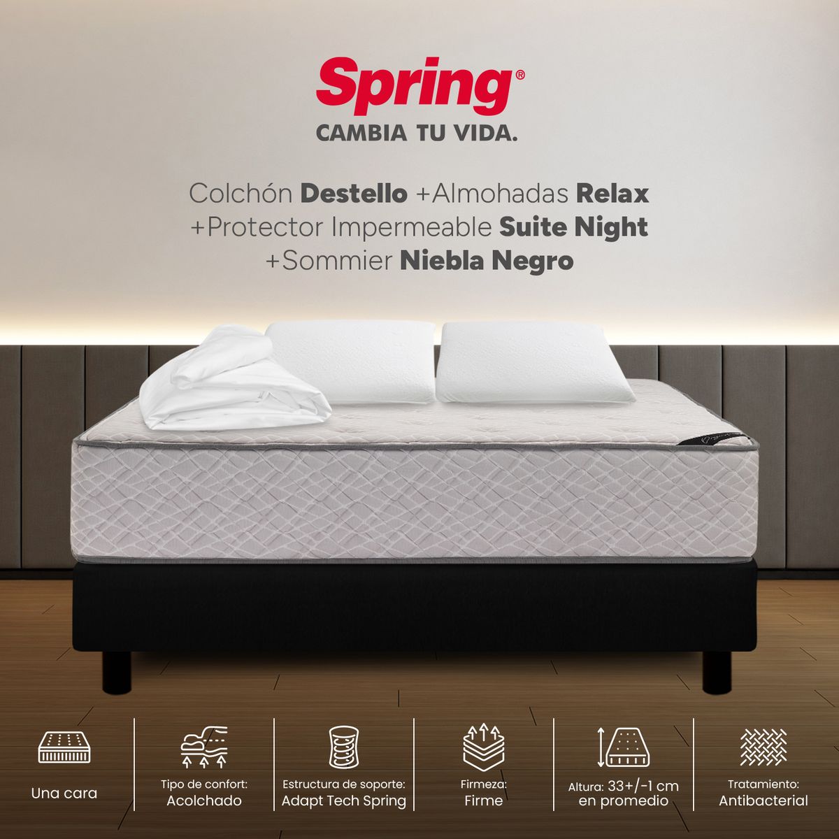 COLCHONES SPRING - Colchón Spring Semidoble Con Base Cama Firme Ortopédico Resortado Destello 120 x 190 cm + Almohada + Protector