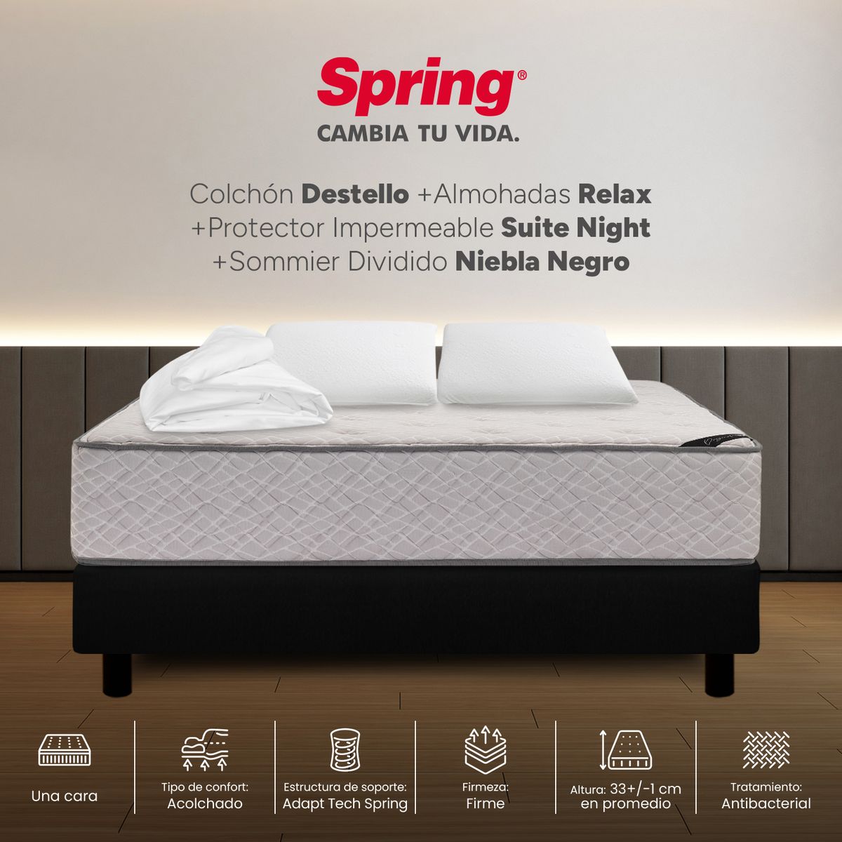 COLCHONES SPRING - Colchón Spring Queen Con Base Cama Firme Ortopédico Resortado Destello 160 x 190 cm + 2 Almohadas + Protector