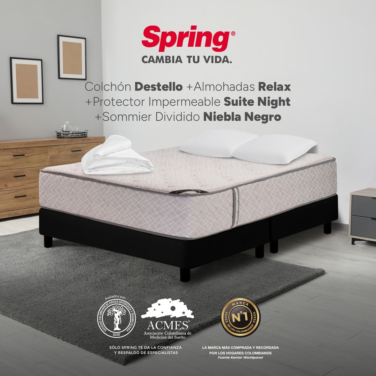 COLCHONES SPRING - Colchón Spring Queen Con Base Cama Firme Ortopédico Resortado Destello 160 x 190 cm + 2 Almohadas + Protector