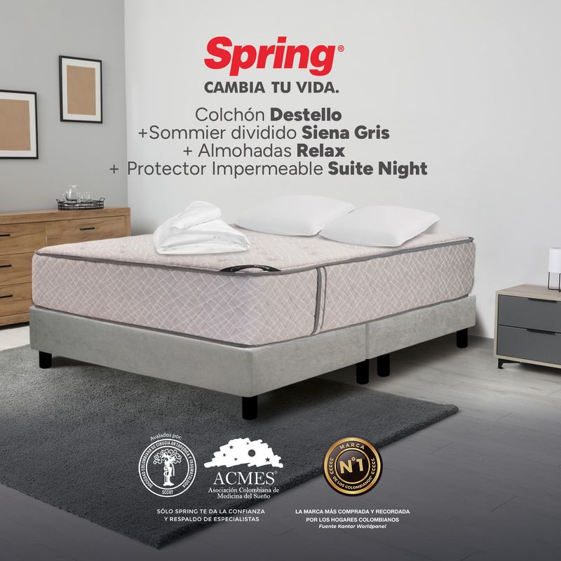 COLCHONES SPRING - Colchón Spring Queen Con Base Cama Firme Ortopédico Resortado Destello 160 x 190 cm + 2 Almohadas + Protector