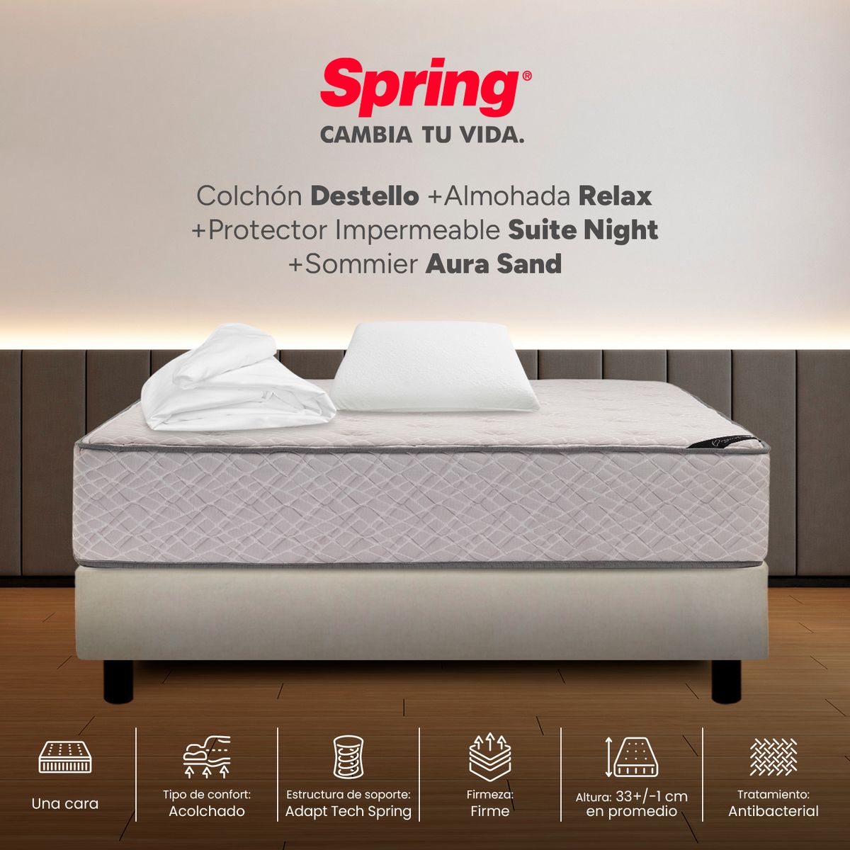 COLCHONES SPRING - Colchón Spring Semidoble Con Base Cama Firme Ortopédico Resortado Destello 120 x 190 cm + Almohada + Protector