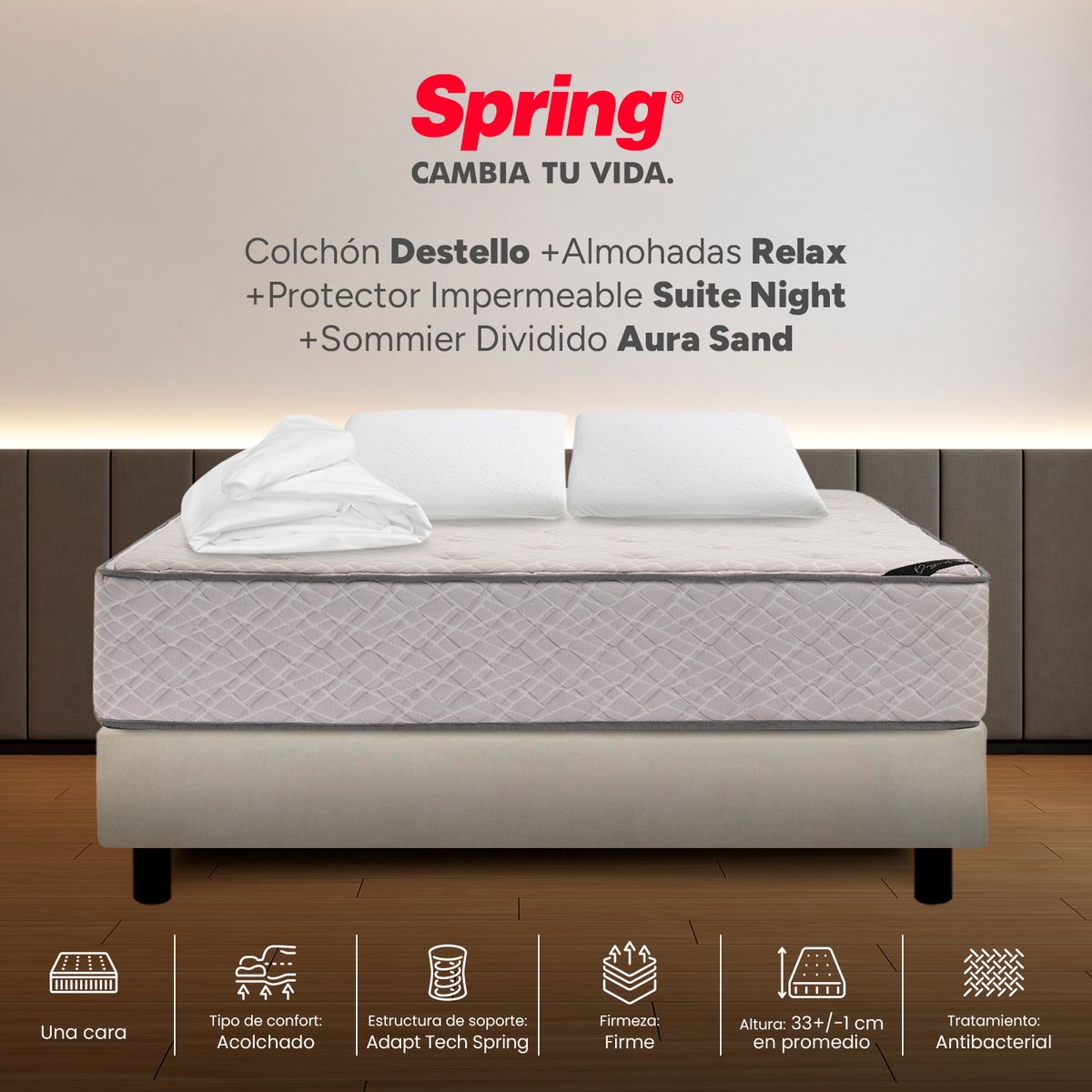 COLCHONES SPRING - Colchón Spring King Con Base Cama Firme Ortopédico Resortado Destello 200 x 200 cm + 2 Almohadas + Protector