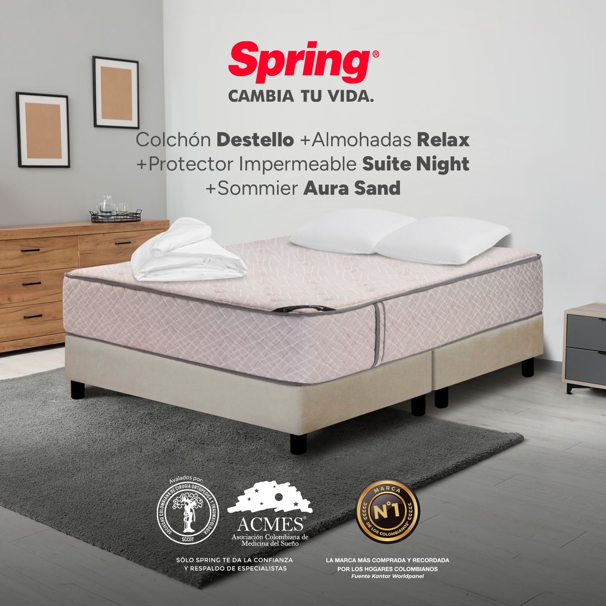 COLCHONES SPRING - Colchón Spring King Con Base Cama Firme Ortopédico Resortado Destello 200 x 200 cm + 2 Almohadas + Protector