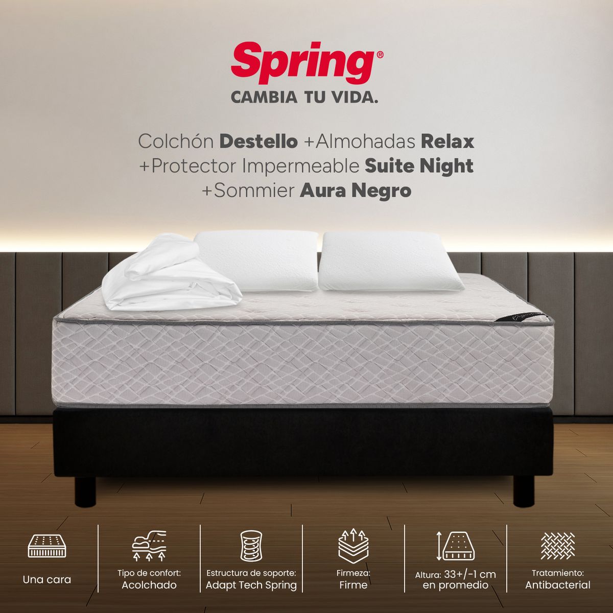 COLCHONES SPRING - Colchón Spring Semidoble Con Base Cama Firme Ortopédico Resortado Destello 120 x 190 cm + Almohada + Protector