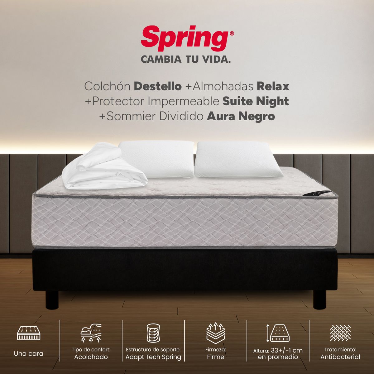 COLCHONES SPRING - Colchón Spring Semidoble Con Base Cama Firme Ortopédico Resortado Destello 120 x 190 cm + Almohada + Protector