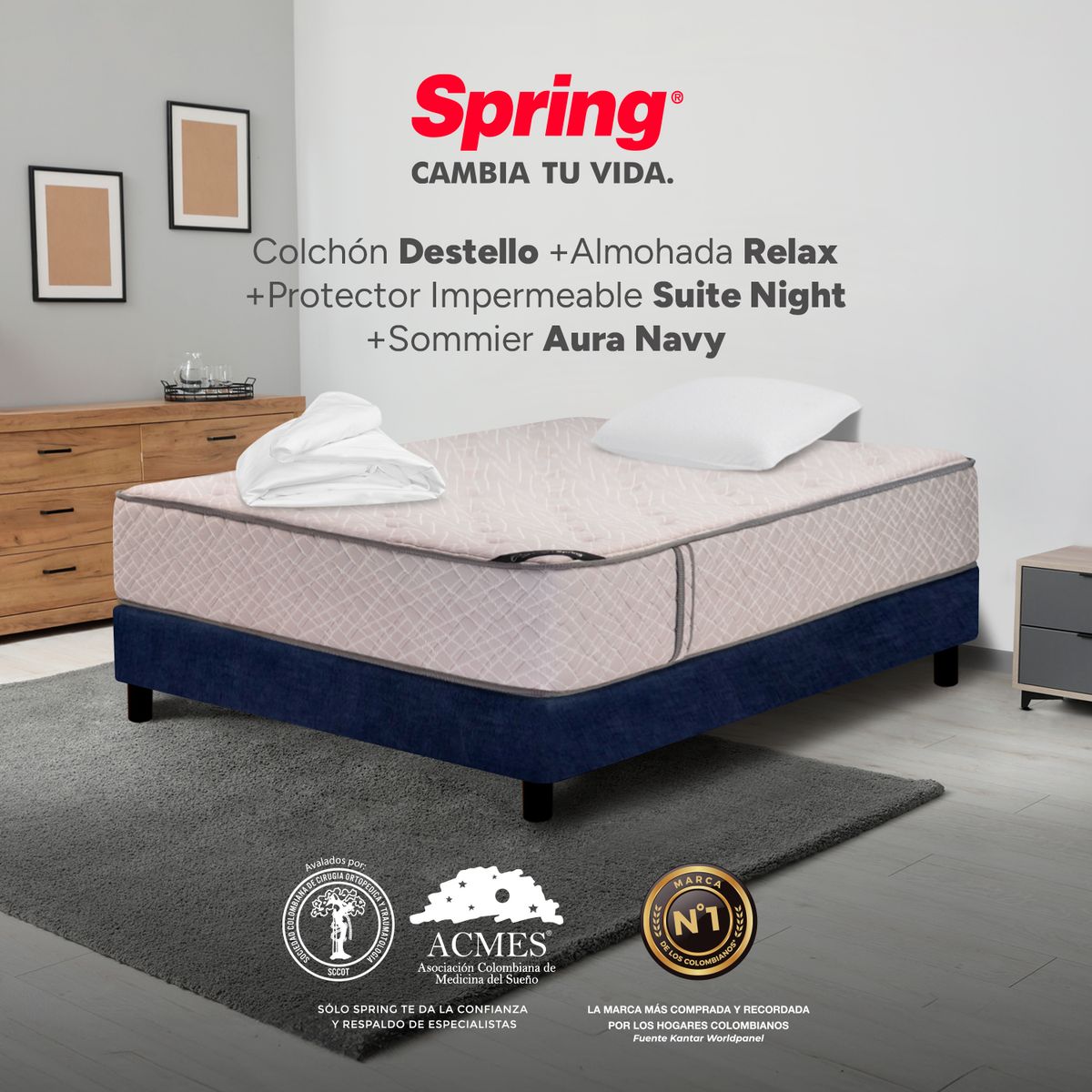 COLCHONES SPRING - Colchón Spring Semidoble Con Base Cama Firme Ortopédico Resortado Destello 120 x 190 cm + Almohada + Protector