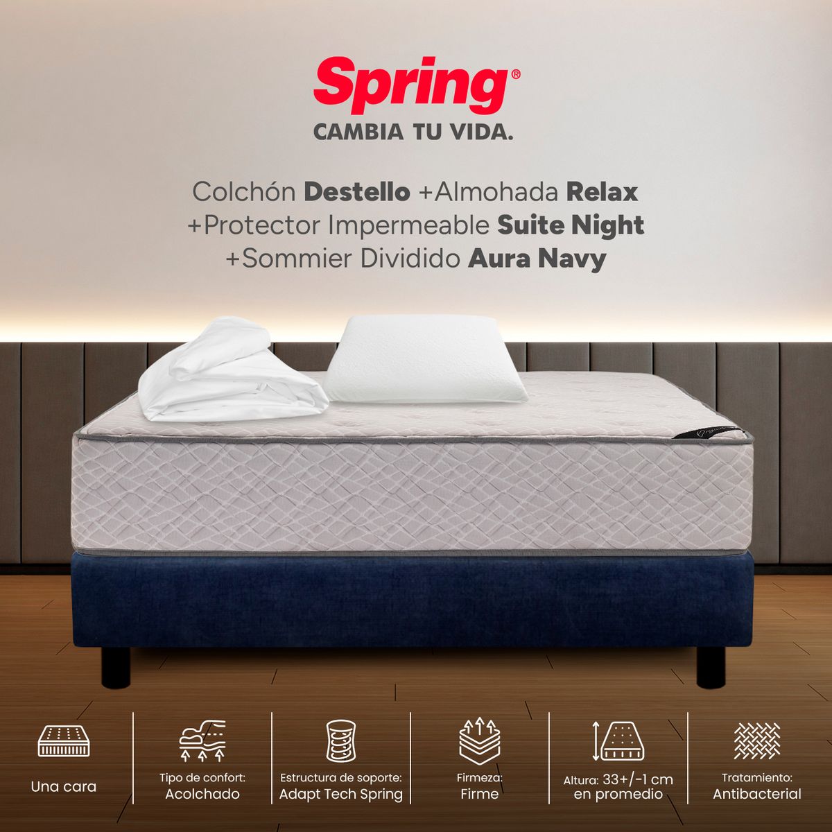 COLCHONES SPRING - Colchón Spring Semidoble Con Base Cama Firme Ortopédico Resortado Destello 120 x 190 cm + Almohada + Protector