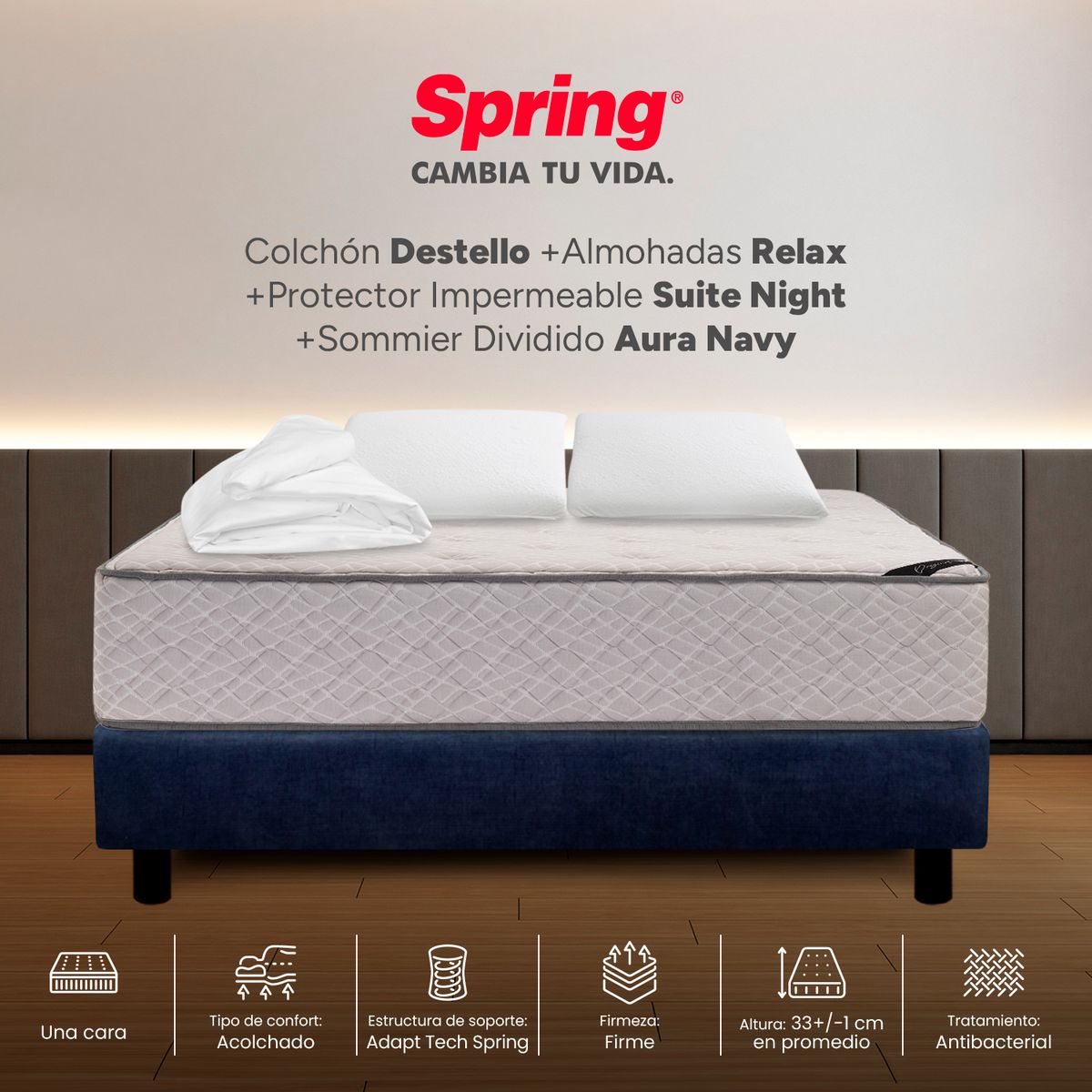 COLCHONES SPRING - Colchón Spring Doble Con Base Cama Firme Ortopédico Resortado Destello 140 x 190 cm + 2 Almohadas + Protector
