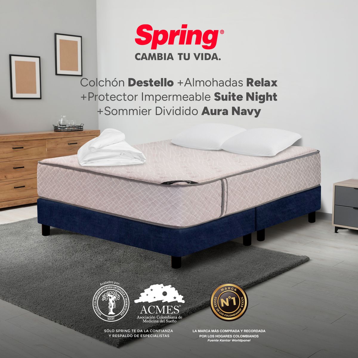 COLCHONES SPRING - Colchón Spring Doble Con Base Cama Firme Ortopédico Resortado Destello 140 x 190 cm + 2 Almohadas + Protector