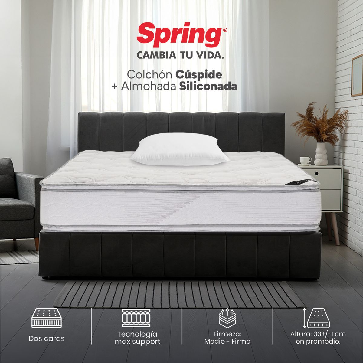 COLCHONES SPRING - Colchón Spring Semidoble Firme Espumado Cuspide 120 x 190 cm + Almohada