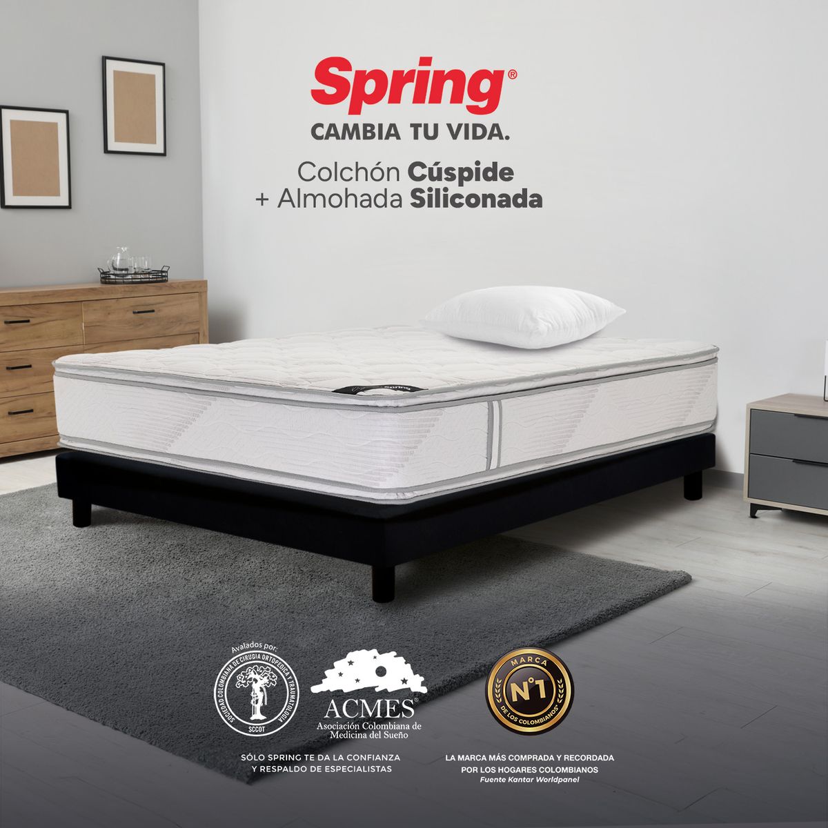 COLCHONES SPRING - Colchón Spring Semidoble Firme Espumado Cuspide 120 x 190 cm + Almohada