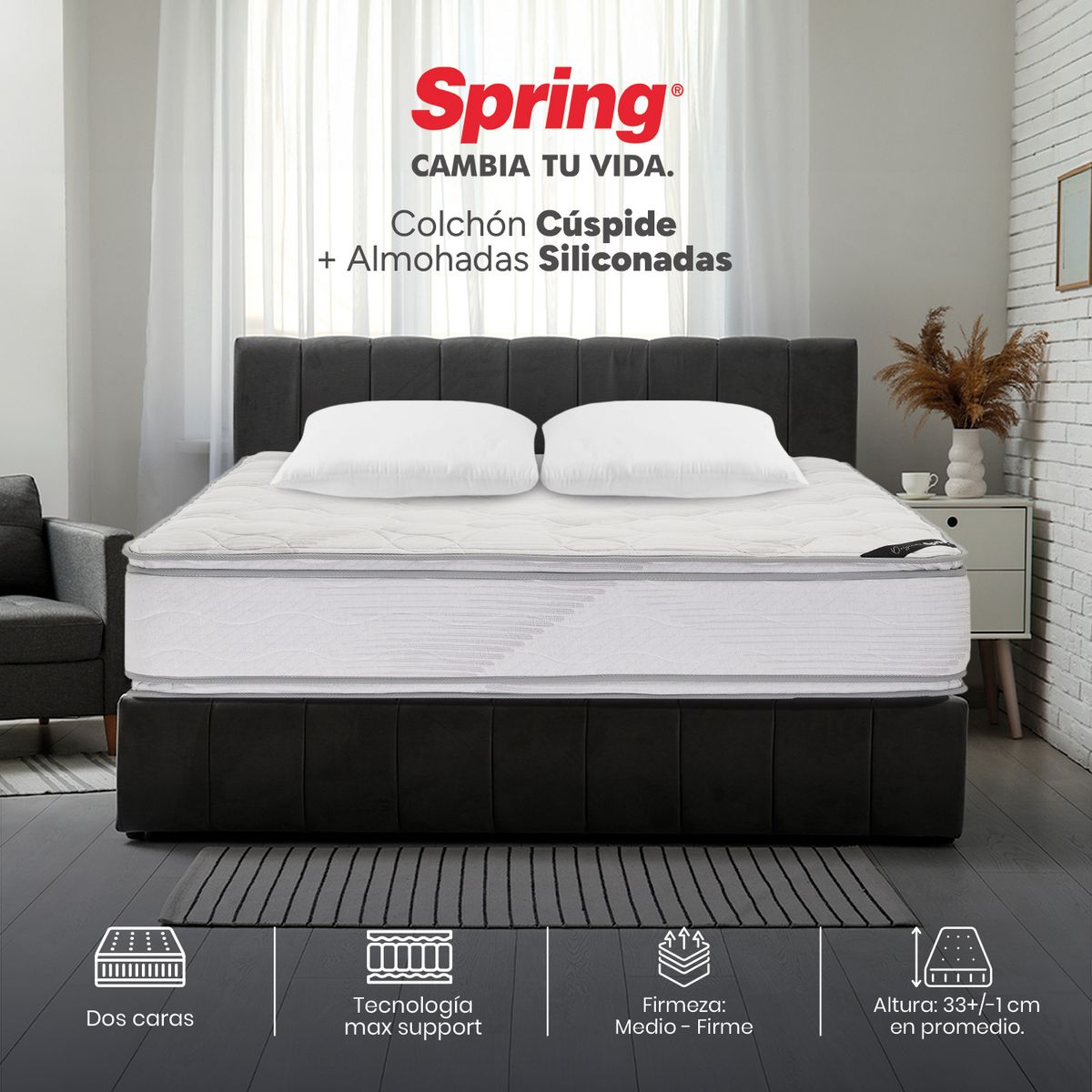 COLCHONES SPRING - Colchón Spring Doble Firme Espumado Cuspide 140 x 190 cm + 2 Almohadas
