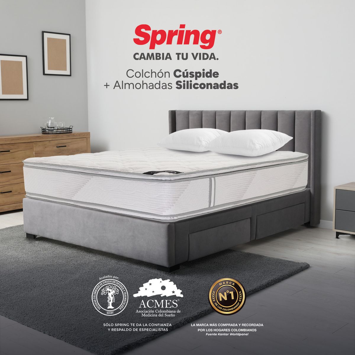 COLCHONES SPRING - Colchón Spring Doble Firme Espumado Cuspide 140 x 190 cm + 2 Almohadas