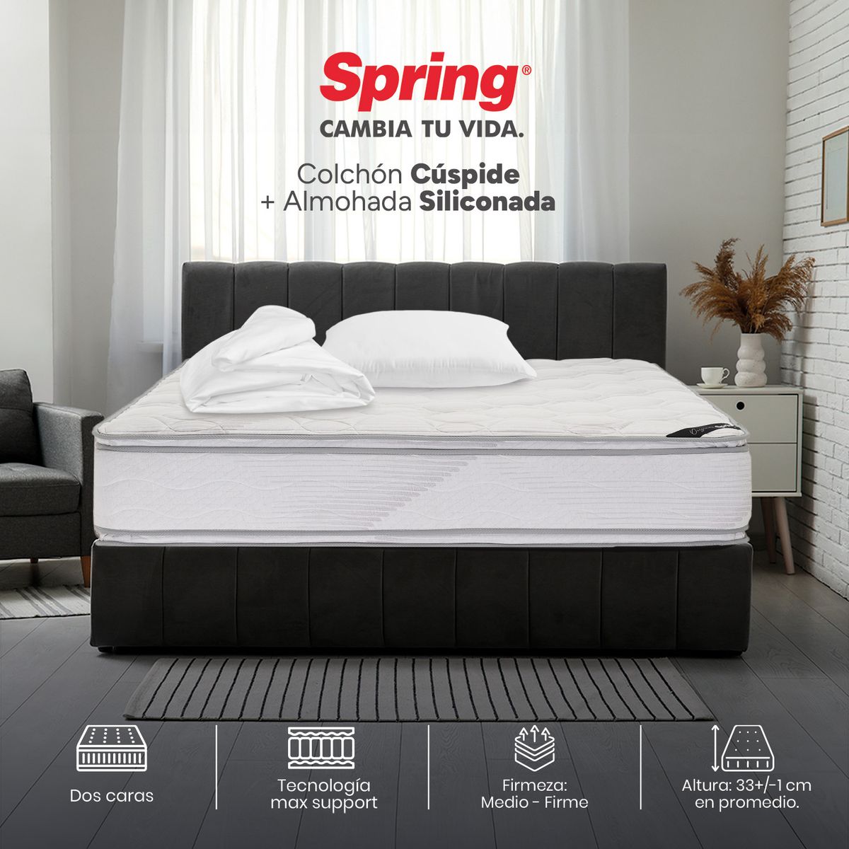 COLCHONES SPRING - Colchón Spring Semidoble Firme Espumado Cuspide 120 x 190 cm + Almohada + Protector