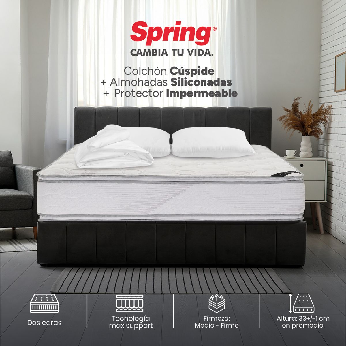 COLCHONES SPRING - Colchón Spring Doble Firme Espumado Cuspide 140 x 190 cm + 2 Almohadas + Protector