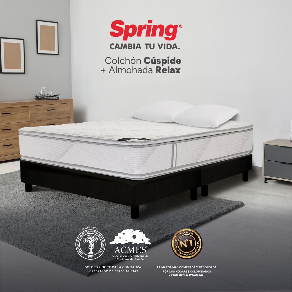 COLCHONES SPRING - Colchón Spring Queen Firme Espumado Cuspide 160 x 190 cm + 2 Almohadas