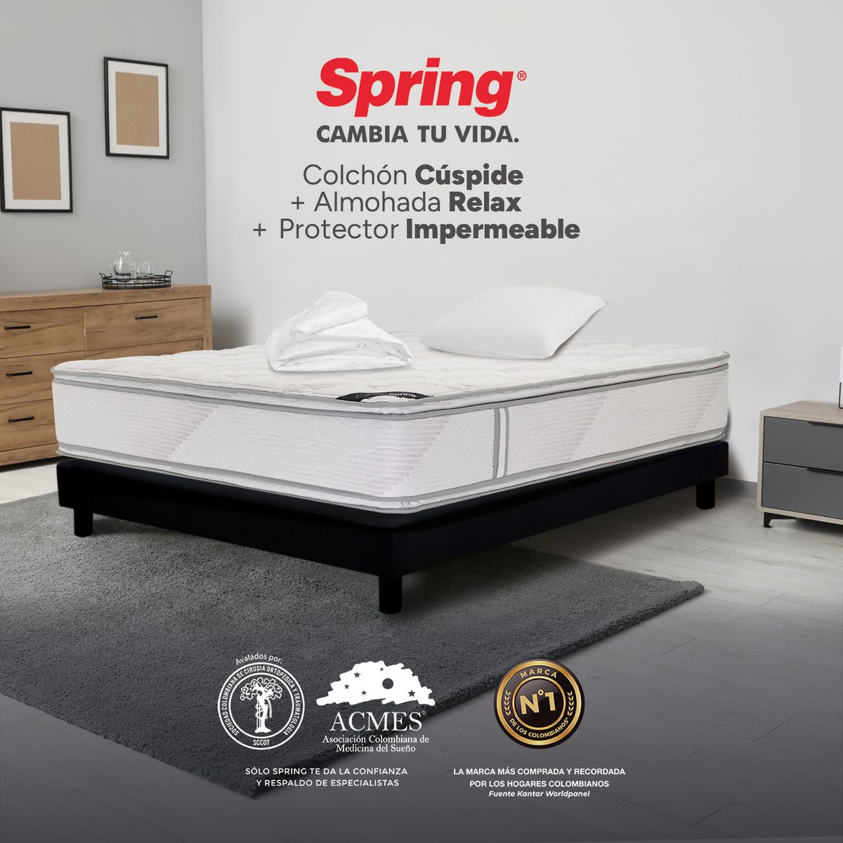 COLCHONES SPRING - Colchón Spring Sencillo Firme Espumado Cuspide 100 x 190 cm + Almohada + Protector