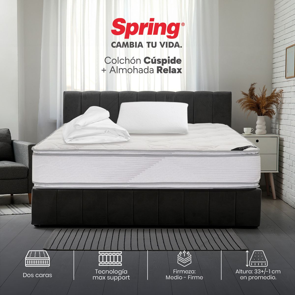 COLCHONES SPRING - Colchón Spring Semidoble Firme Espumado Cuspide 120 x 190 cm + Almohada + Protector