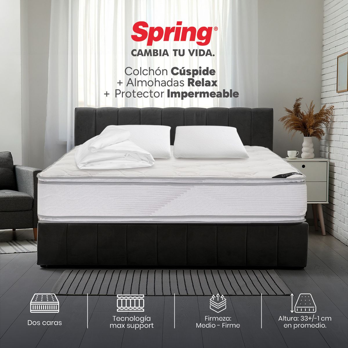 COLCHONES SPRING - Colchón Spring Queen Firme Espumado Cuspide 160 x 190 cm + 2 Almohadas + Protector