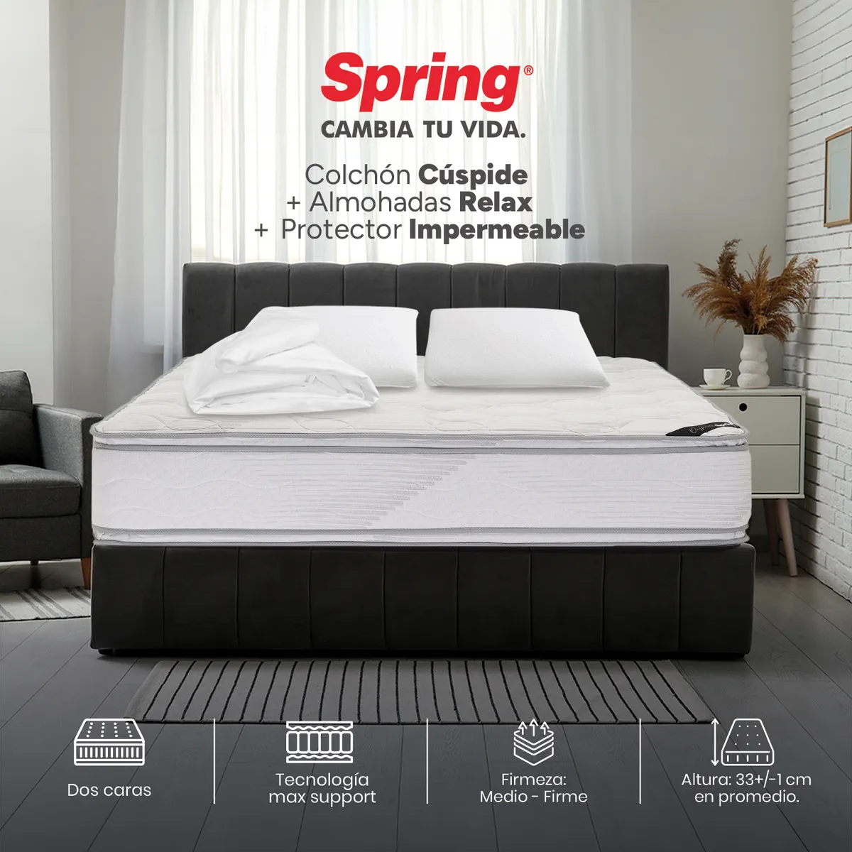 COLCHONES SPRING - Colchón Spring Queen Firme Espumado Cuspide 160 x 190 cm + 2 Almohadas + Protector