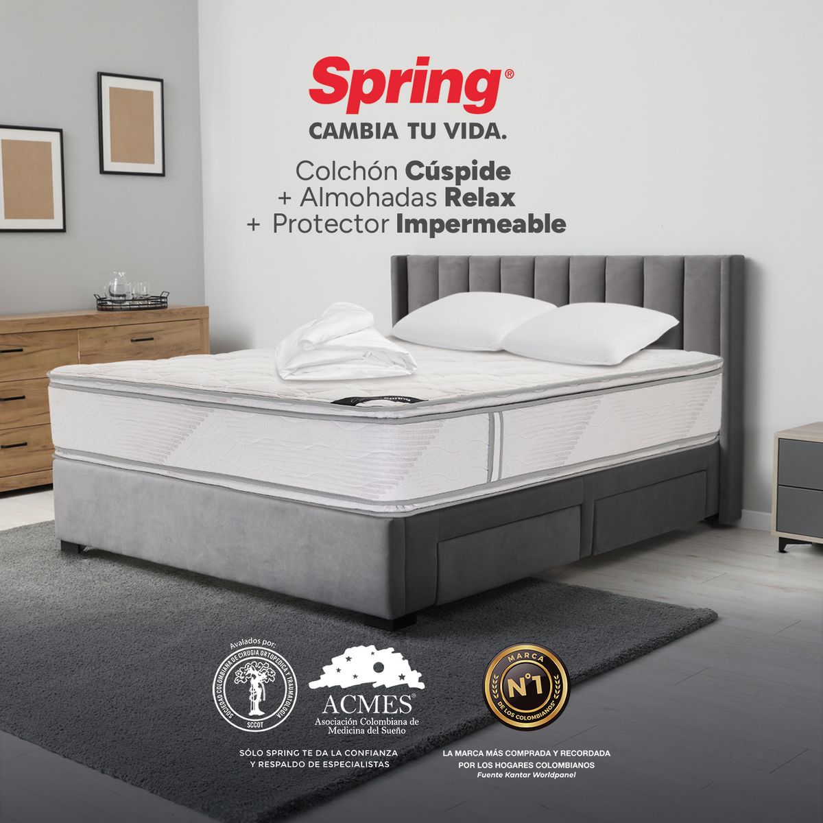 COLCHONES SPRING - Colchón Spring Queen Firme Espumado Cuspide 160 x 190 cm + 2 Almohadas + Protector