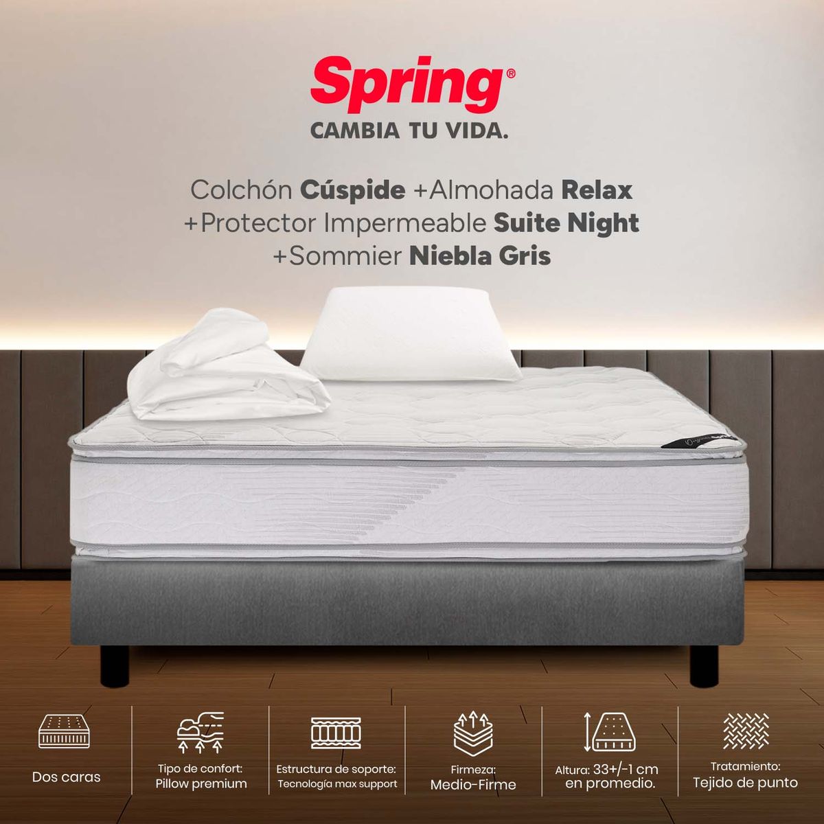 Colchón Spring Sencillo Con Base Cama Firme Espumado Cuspide 100 x 190 ...