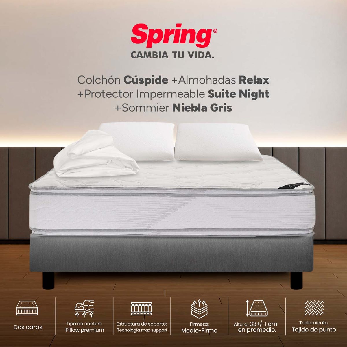 COLCHONES SPRING - Colchón Spring Semidoble Con Base Cama Firme Espumado Cuspide 120 x 190 cm + Almohada + Protector